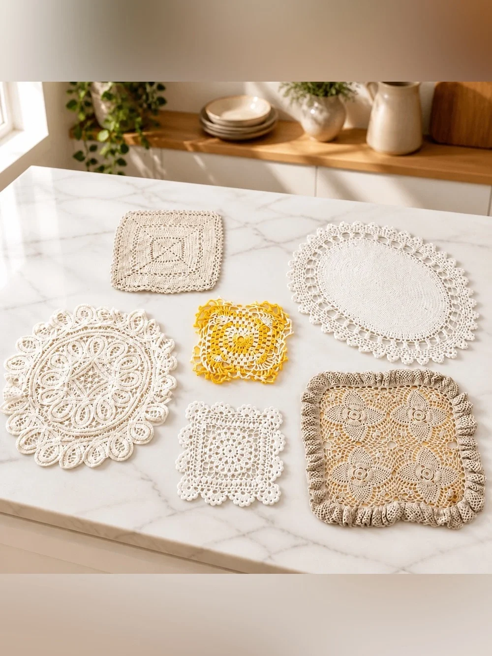 Lot of six mix of doilies and potholders made by my aunt and More